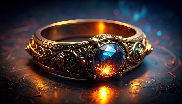 Ornate gold ring with glowing gem
