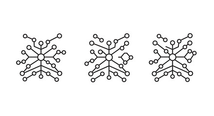 Three abstract network designs isolated on white background representing interconnected systems and complex data structures