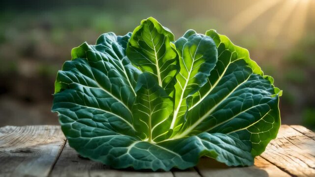 Green chard leaf on rustic planks