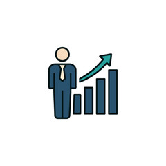 Flat vector business illustration of a person standing beside a growing bar chart or arrow