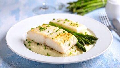 Fish fillets with asparagus and mashed potatoes