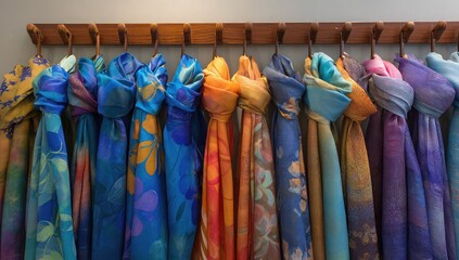 A collection of colorful silk scarves hangs on wooden racks, showcasing the rich colors and patterns in an art gallery setting.