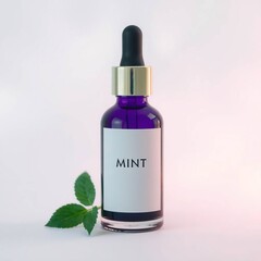 Aromatic Mint Essential Oil in a Purple Bottle with Dropper and Fresh Leaf
