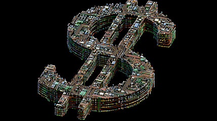 A dollar sign made of circuit board components on a black background in a digital rendering style