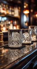Fototapeta premium Close-up of crystal tumblers with ice on a bar
