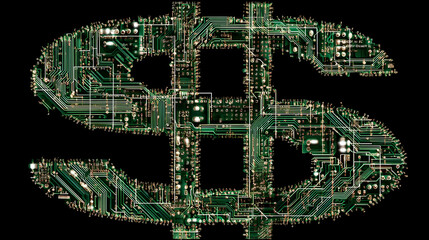 A dollar sign made of green circuit board patterns on a black background in digital art style