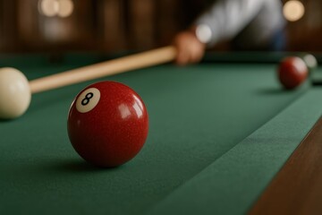 Realistic billiards focus in a classic setting with a player preparing to shoot