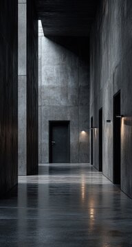 Empty concrete corridor bathed in light