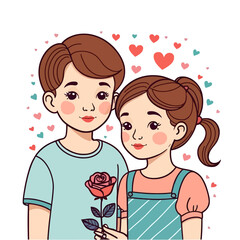 Cute cartoon couple with a rose isolated on a white background