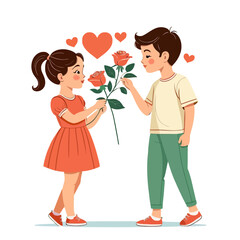 A boy and a girl with a heart, a boy gives a rose to a girl isolated on a white background for Valentine's Day