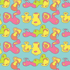 Obraz premium A vibrant and playful seamless pattern features abstract organic blobs and fluid shapes in bright pink, yellow, and green on a light blue background, perfect for quirky designs.