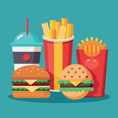 Illustrate a set of realistic fast-food icons—burger, fries, soda, pizza slice—with appealing shading and vibrant colors for menus 