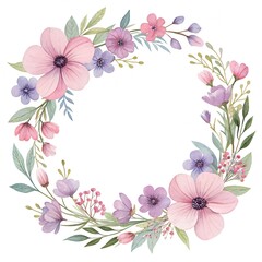 Fototapeta premium soft watercolor wildflower wreath with light purple blooms