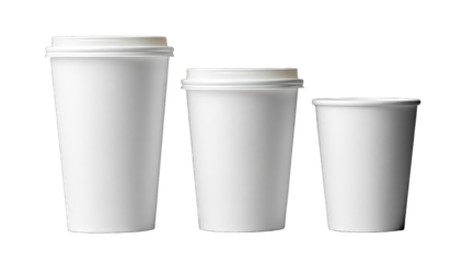Three white disposable coffee cups of varying sizes, each with a matching white lid (1)