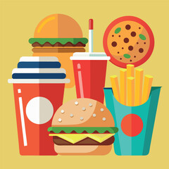 Illustrate a set of realistic fast-food icons—burger, fries, soda, pizza slice—with appealing shading and vibrant colors for menus or food apps.