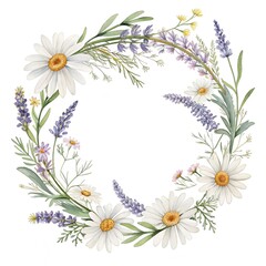 watercolor wreath with wild chamomile and lavender
