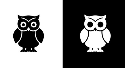 Two simple black and white owl silhouettes, contrasting backgrounds.