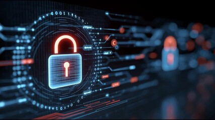 Glowing Red Padlock Icon Surrounded by Futuristic Digital Interface Symbolizes Cybersecurity, Data Protection, and Encryption with Circuit Patterns Emphasizing Technology and Secure Networks