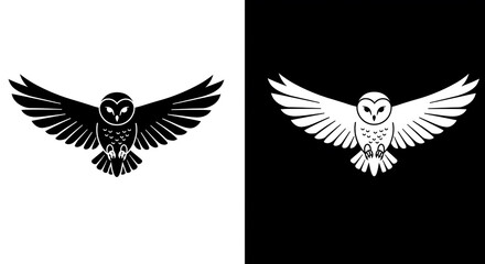 Two stylized flying owls, one black on white and one white on black, creating a striking contrast.