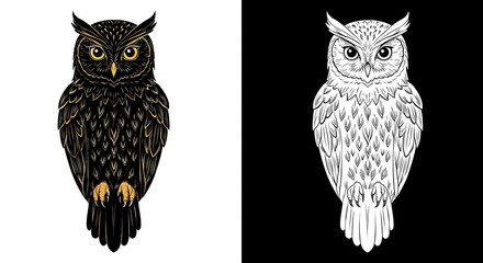 Illustration of two owls, one in color with intricate details and the other in black and white line art.