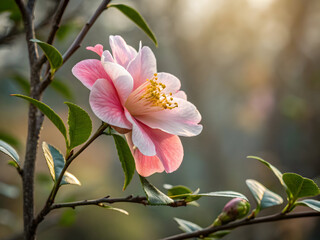 Obraz premium Delicate pink camellia bloom with golden stamens and green leaves flower petals