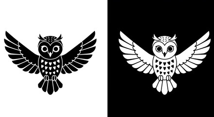 Symmetrical graphic illustration of a stylized owl with spread wings, shown in black and white inverse versions.