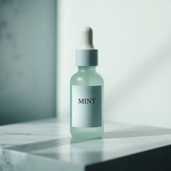 Clear glass bottle of mint facial serum with a dropper, sitting on a marble surface