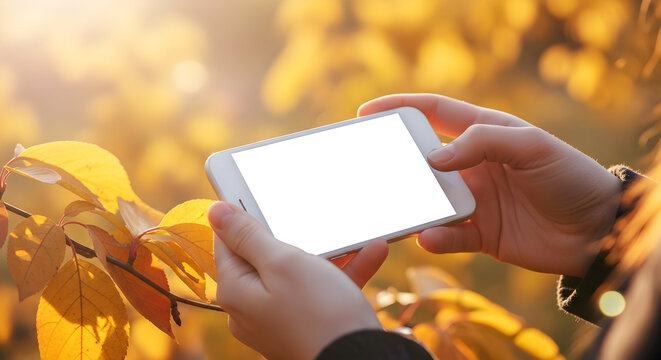 Blank screen smartphone autumn background mockup hands holding mobile phone fall season technology device advertising template yellow leaves nature sunlight