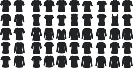 Various t-shirt and top silhouettes, clothing collection, fashion design, apparel variety, casual wear, unisex style, garment icons, wardrobe illustration, textile design
