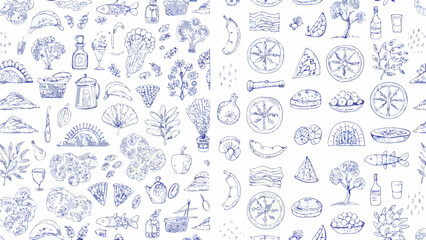 Obraz premium Seamless pattern with hand drawn food illustrations including fruits vegetables seafood and kitchen utensils silhouette