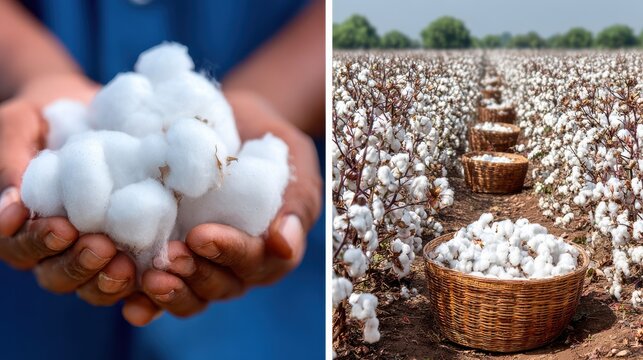 Large cotton field in bloom ready for seasonal harvest in bright rural landscape.