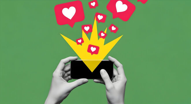 Viral Social Media Success Exploding Likes and Engagement Smartphone App Popularity Trending Crown Hearts - Powered by Adobe