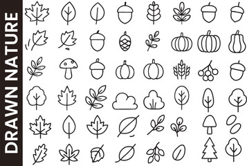 Autumn & Fall Leaves Doodle Icon Set. Hand-Drawn Nature & Forest Symbols.