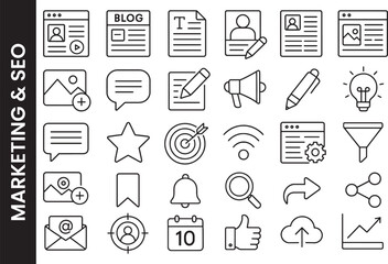 Blogging & Content Creation Line Icon Set. Digital Marketing & SEO Symbols.