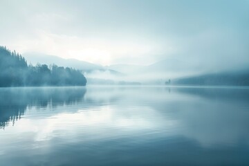 Fototapeta premium Serene lake with morning mist and soft light, peaceful zen landscape.
