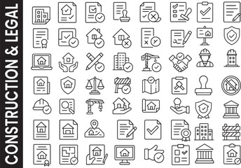 Building Permit & Property Compliance Line Icon Set. Construction & Legal Symbols.