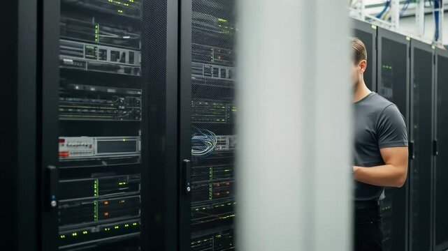 A dedicated IT professional inspects server racks with a tablet, ensuring optimal performance in a secure data center.
