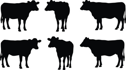Cad drawing flat vector illustration, cow silhouette, farm animal graphic, livestock icon, black and white cattle, bovine design, agriculture art