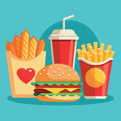 Illustrate a set of realistic fast-food icons—burger, fries, soda, pizza slice—with appealing shading and vibrant colors for menus or food apps.