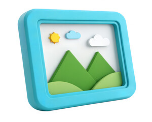 Blue picture frame with landscape isolated on transparent background