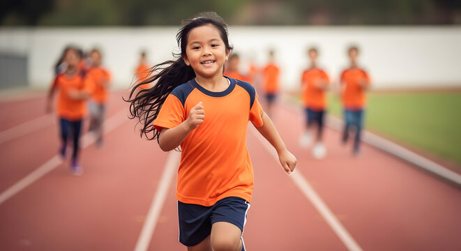 Happy girl running on track field with other children teamwork sport activity healthy lifestyle childhood fun kids race competition athletic energy fitness training exercise school