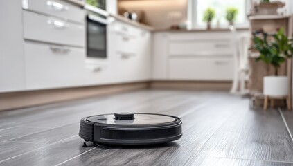 Robotic vacuum cleaner on a gray tiled kitchen floor.  Modern, white kitchen cabinets and appliances in the background.  Focused on the robot