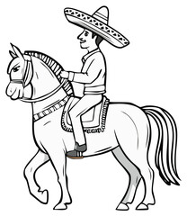 Fototapeta premium Outlined illustration of a man riding a horse wearing a sombrero