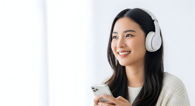 Young Asian woman listening music with headphones and smartphone peaceful happy relaxed calm joyful serene content blissful peaceful smile technology wireless earphones audio music lover
