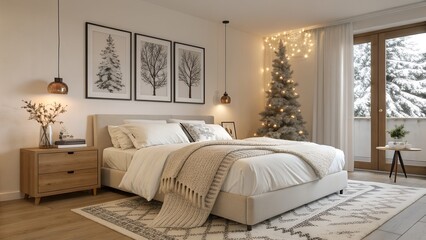 Fototapeta premium Cozy Holiday Bedroom with Knitted Throw and Fairy Lights