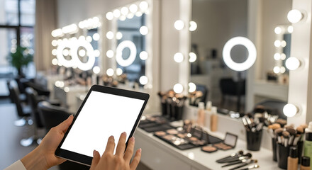 Modern beauty salon interior design makeup artist using tablet technology for online booking appointments scheduling management