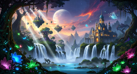 Enchanting fantasy landscape with cascading waterfalls floating islands and a magical castle at sunset