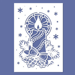 Christmas card template with candle. For laser cutting from paper. For design of Christmas and New Year greetings, invitations etc. Vector