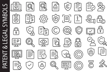 Intellectual Property & Copyright Line Icon Set. Patent, Legal & Security Symbols.