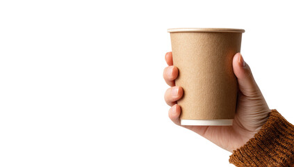 Hand holding a light brown paper coffee cup